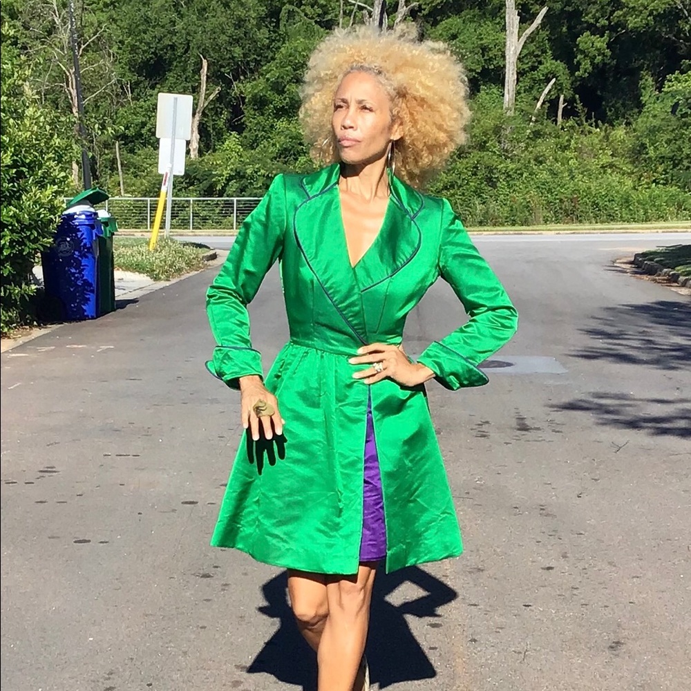 Vtg Bob Mackie satin coat dress tuxedo green XS - Picture 5 of 11